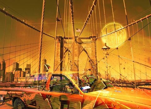 Surreal digital art. Yellow cab on the Brooklyn bridge. Graffiti elements. Full moon in the sky.