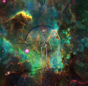Surrealism. Man walks on a stone road in vivid universe. Skeleton symbolizes death. Some elements image credit NASA.