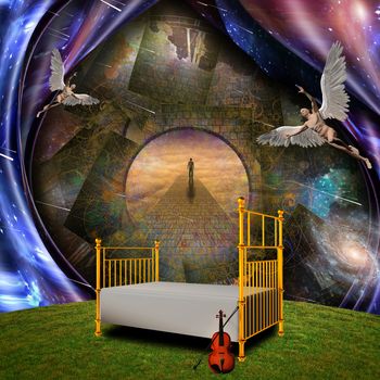 Surrealism and symbolism. Angels, bed and violin. Lonely man on a stone road. Some elements credit NASA. 3D rendering