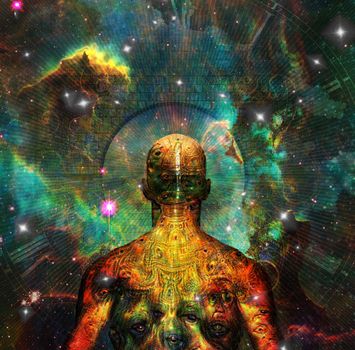 Surrealism. Figure of man with weird demonic eyes on his skin stands before vivid universe. 3D rendering. Some elements provided courtesy of NASA.