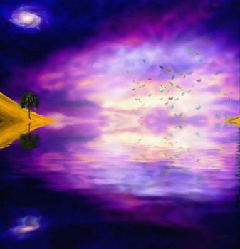 Purple sky reflects in water. Butterflies. Tree on the shore. 3D rendering