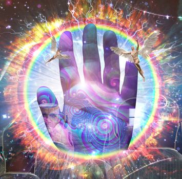 God's hand. Naked winged men represents angels.