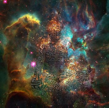 Surrealism. Figure of man with maze pattern in lotus pose in flames. 3D rendering. Some elements provided courtesy of NASA