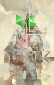 Surreal digital art. Man in white corroded suit with green apple instead of face. Rene Magritte style.