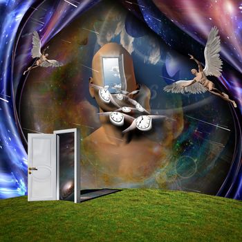 Surrealism. Man's head with opened door to another world. Naked man with wings represents angel. Winged clocks symbolizes flow of time. 3D rendering. Some elements provided courtesy of NASA