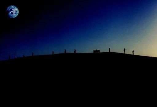 Evening silhouettes of people on mountain. Full moon in night sky