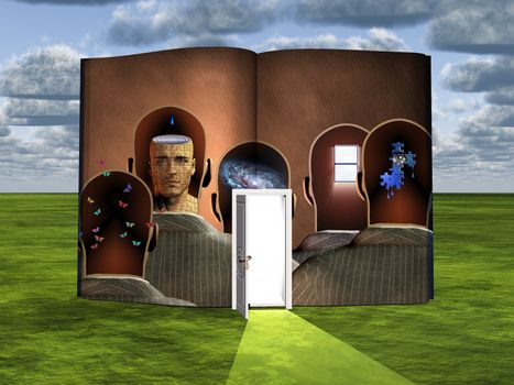 Surrealism. Book with opened door and thoughts in men's heads.