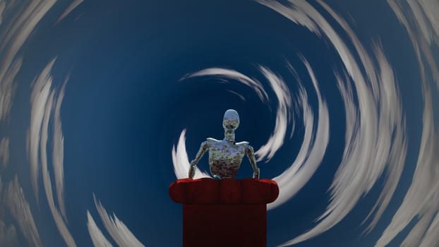 Surreal scene. Rusted alien robot sits in red armchair before tunnel of clouds. 3D rendering