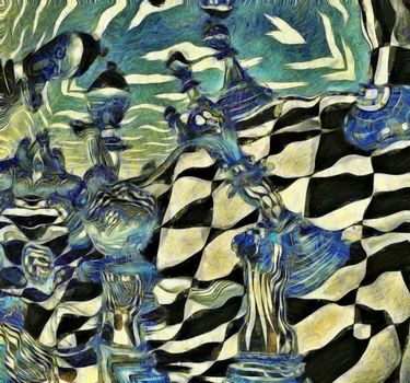 Surreal oil painting. Chess figures and board.