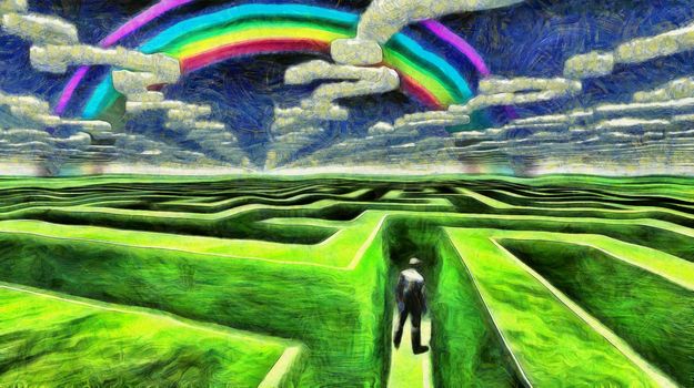 Surreal painting. Man stands in maze. Clouds in shape of question sign in the sky. 