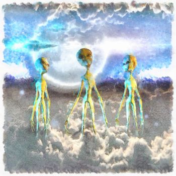 Surreal painting. Three aliens in clouds. Flying saucers in the sky.