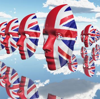 Surreal digital art. Woman's masks in Great Britain national colors hovers in the sky.