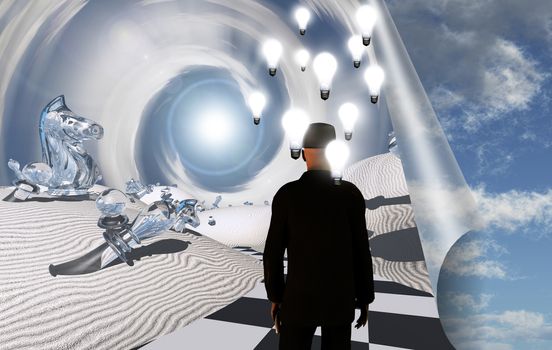 Surreal desert. Man in suit stands on checkered road. Light bulbs represents ideas. 3D rendering