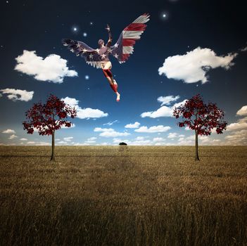Surrealism. Naked man with wings in US national colors flies above field of wheat with red trees. 