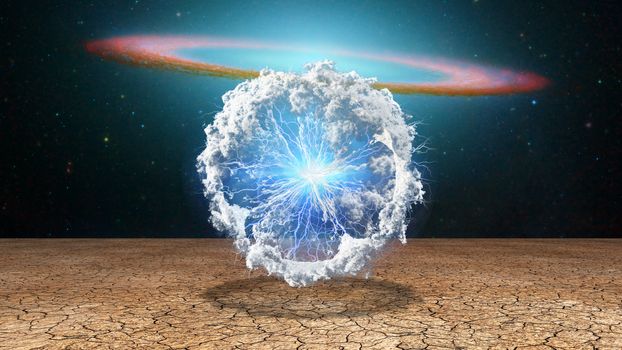 Surrealism. Splash of clouds and lightnings. Galaxy disk on a background.