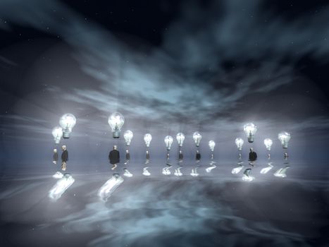Surreal scene. Men with bright light bulbs above head. Flood. 3D rendering.