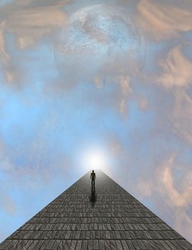 Man atop stone in clouds