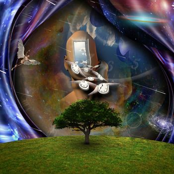 Surrealism. Flow of Time through space. Naked man with wings represents angels. 3D rendering.
