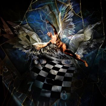 Surrealism. Eyes, face with chessboard pattern. Spiral of time. Naked man with wings represents angel.