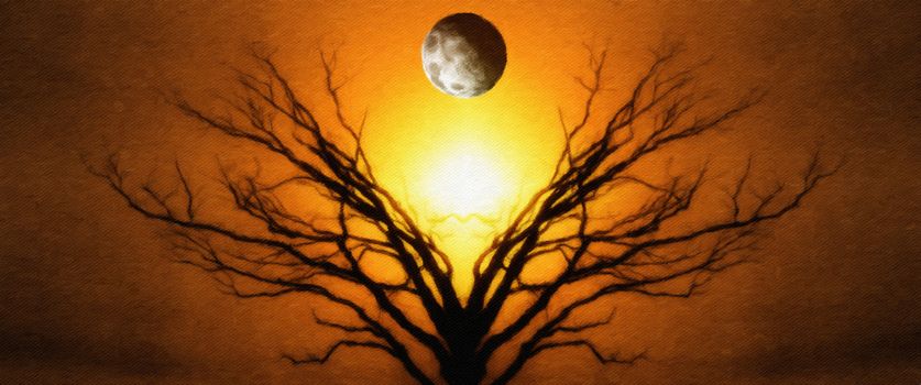 Mystic Tree of Life. Moon in The Sky. Sunset or Sunrise