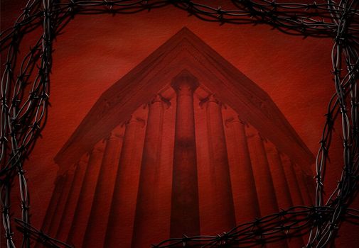 Ancient greek temple in barbed wire frame