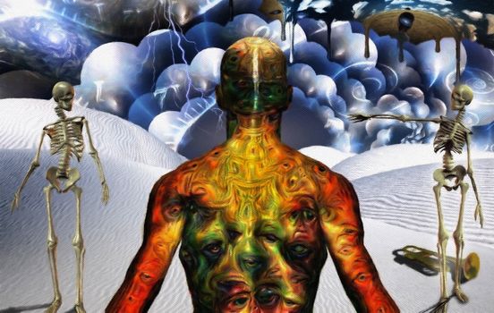 Man with weird eyes on body stands in surreal desert with trumpet and two skeletons. Multilayered space representing infinite dimensions.