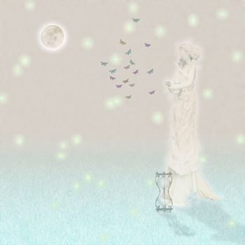 Woman`s marble statue and butterflies. Glowing moon and hourglass.