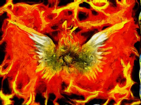 Surreal painting. Burning eye with wings. Flaming background.
