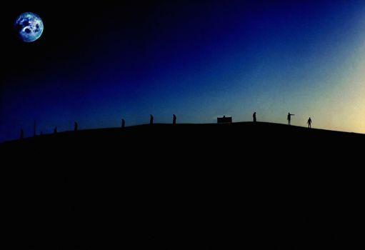 Evening silhouettes of people on mountain. Full moon in night sky