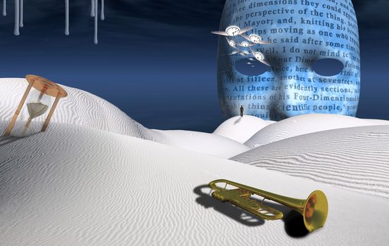 Surreal desert with hourglass and trumpet. Winged clocks and big mask in the sky. Figure of man in a distance.