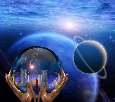 Crystal ball with temple and monk inside. Clouds and planets.