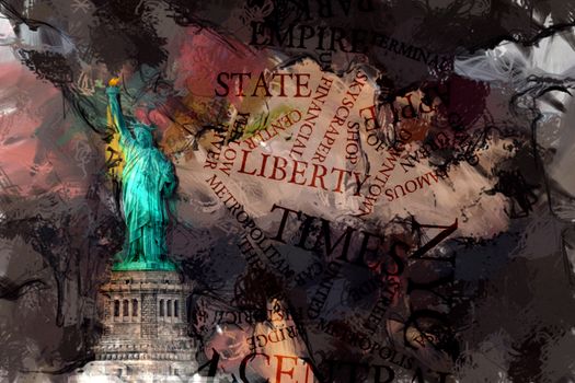 Abstract painting. Liberty statue. 3D rendering