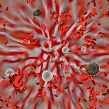 Red Blood cells with virus cells. 3D rendering.