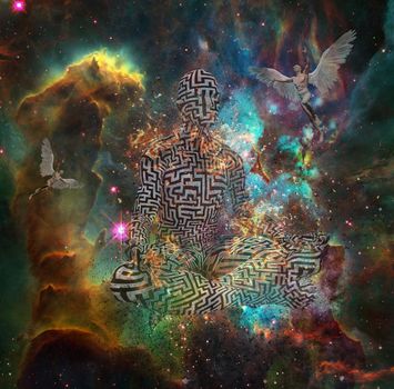 Surrealism. Figure of man with maze pattern in lotus pose in flames. Naked men with wings represents angels. 3D rendering. Some elements provided courtesy of NASA.