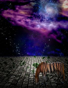Surreal painting. Striped horse on a stone field.