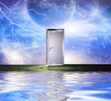 Surrealism. White door symbolizes portal to another dimension. Some elements image credit NASA.