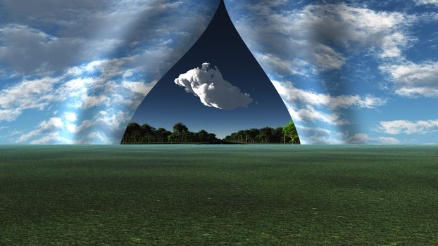 Sky pulled apart like curtain to reveal other landscape