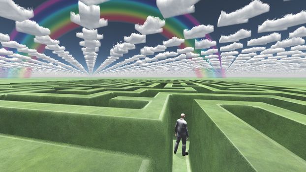 Figure inside of maze with arrow clouds above
