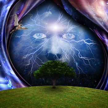 Mystic face, green tree and warped space. 3D rendering. Naked man with wings represents angels.