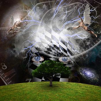 3D rendering. Mask with checkered pattern. Angels in the sky. Green tree.
