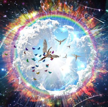 Vivid galaxy. Naked winged men represents angels. 3D rendering.
