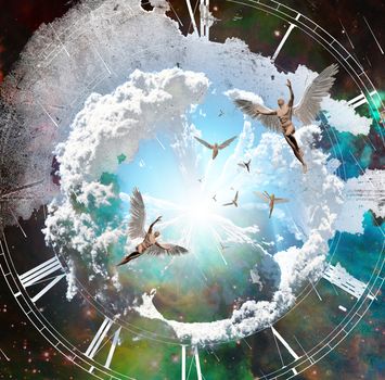 Vivid galaxy. Naked winged men represents angels. 3D rendering.
