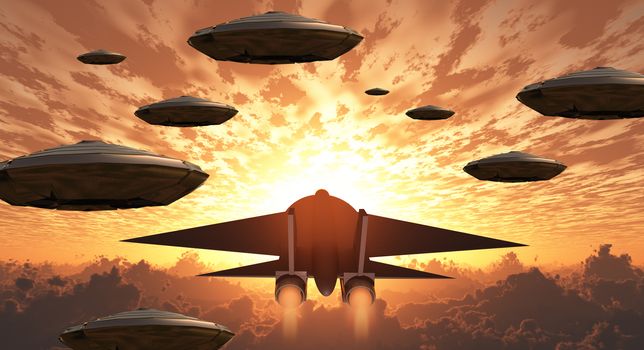 Sunset. Flying saucers and jet plane together.