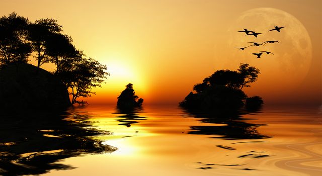 Small islands on sunset. Full moon and birds in the sky