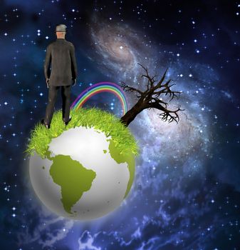 Metaphorical art. Man stands on globe with old tree and rainbow. Deep space