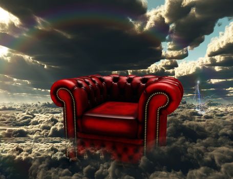 Red lether armchair in a clouds.