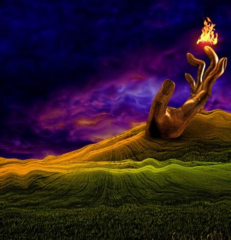 Surreal art. Giant hand in green field makes fire