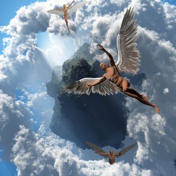 Angels flies around asteroid in clouds