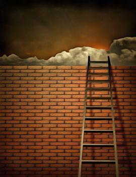 Surreal painting. Ladder leans to the brick wall. Clouds at the horizon.