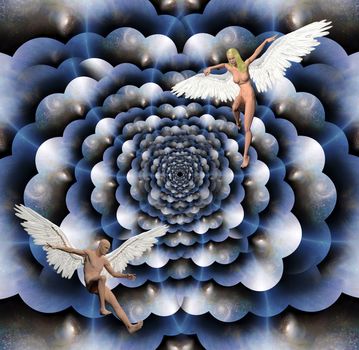 Figures of man and woman with angel wings. Multilayered space represents endless of dimensions.